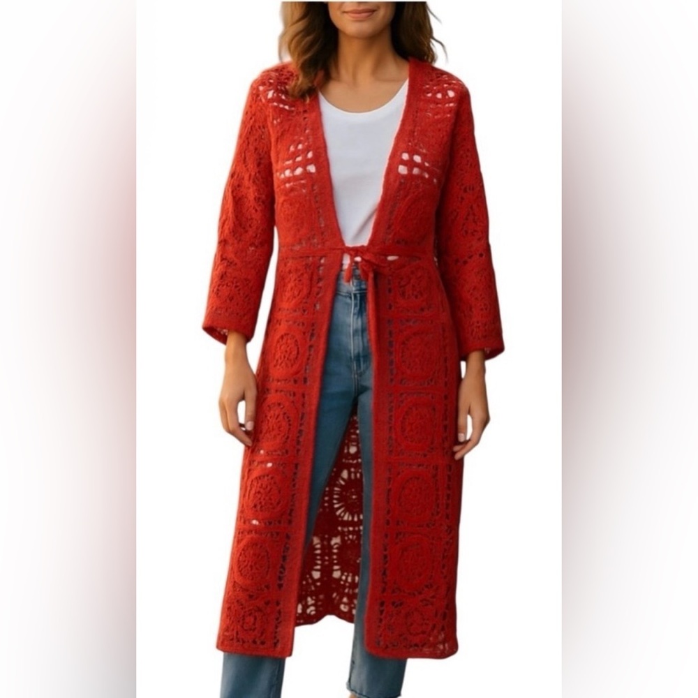 Anthropologie Raj Rust Crochet Long‎ Duster Cardigan Size One Size
